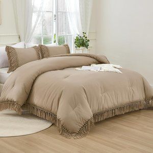 Tan Boho Tassel Trim Queen Size Bed Comforter and Shams Bohemian 3pc Bedding Set